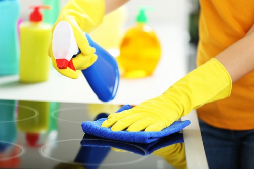 Technician preparing upholstery and carpet cleaning solutions